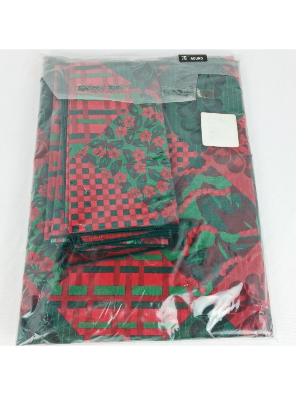 NOS Tobin Holiday 70" Round Fabric Tablecloth w/4 napkins Red Green Floral - Picture 5 of 8